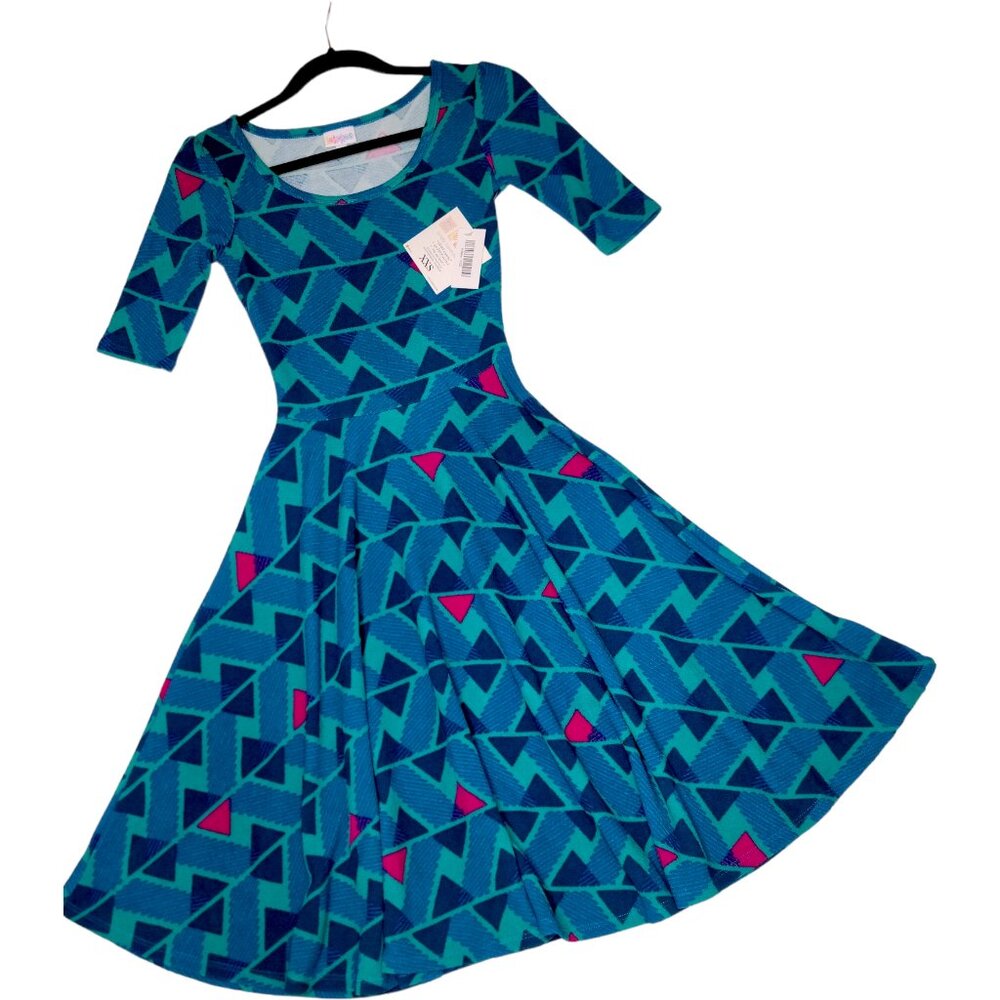 LuLaRoe Nicole Dress XXS Geometric Triangles Teal Blue Pink Mod Color Pop Skater